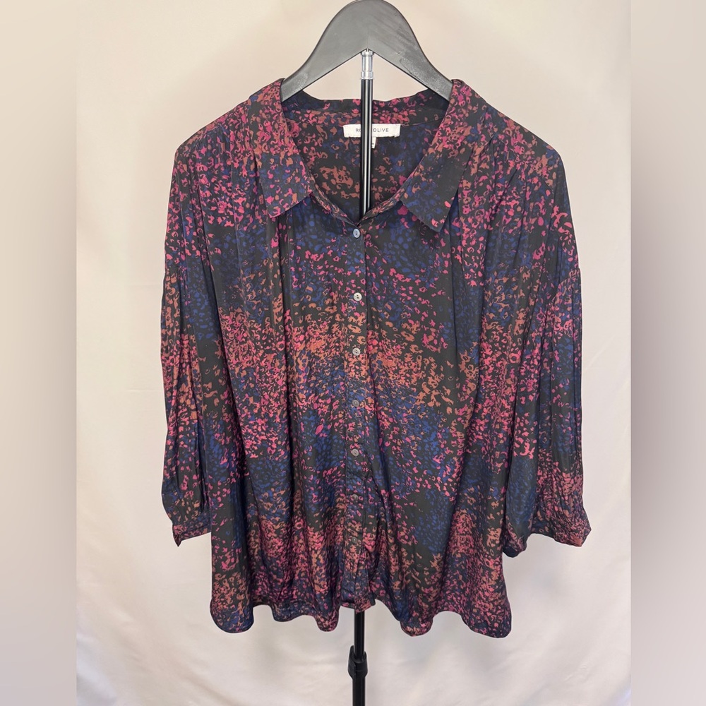 Rose & Olive Black Button-Down Blouse with Pink and Blue Floral Print